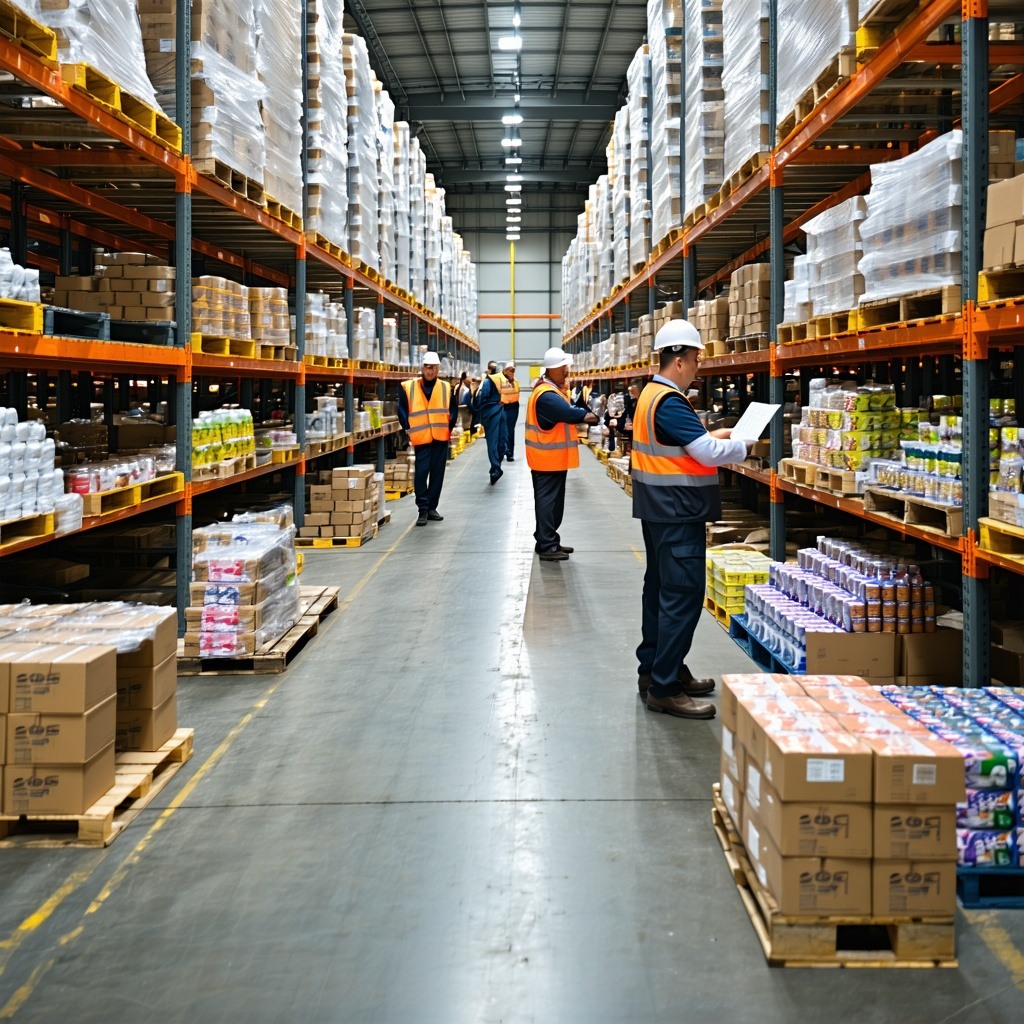 Via trading warehouse with people checking merchandise Via trading warehouse with people checking merchandise